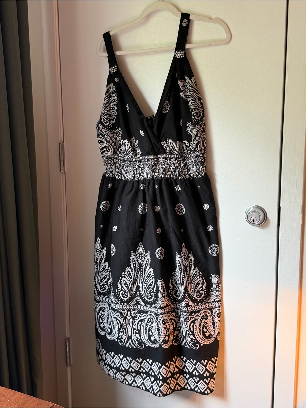 Cassee’s Black and White Paisley Bandana Smocked Sundress Size 1X Cotton India